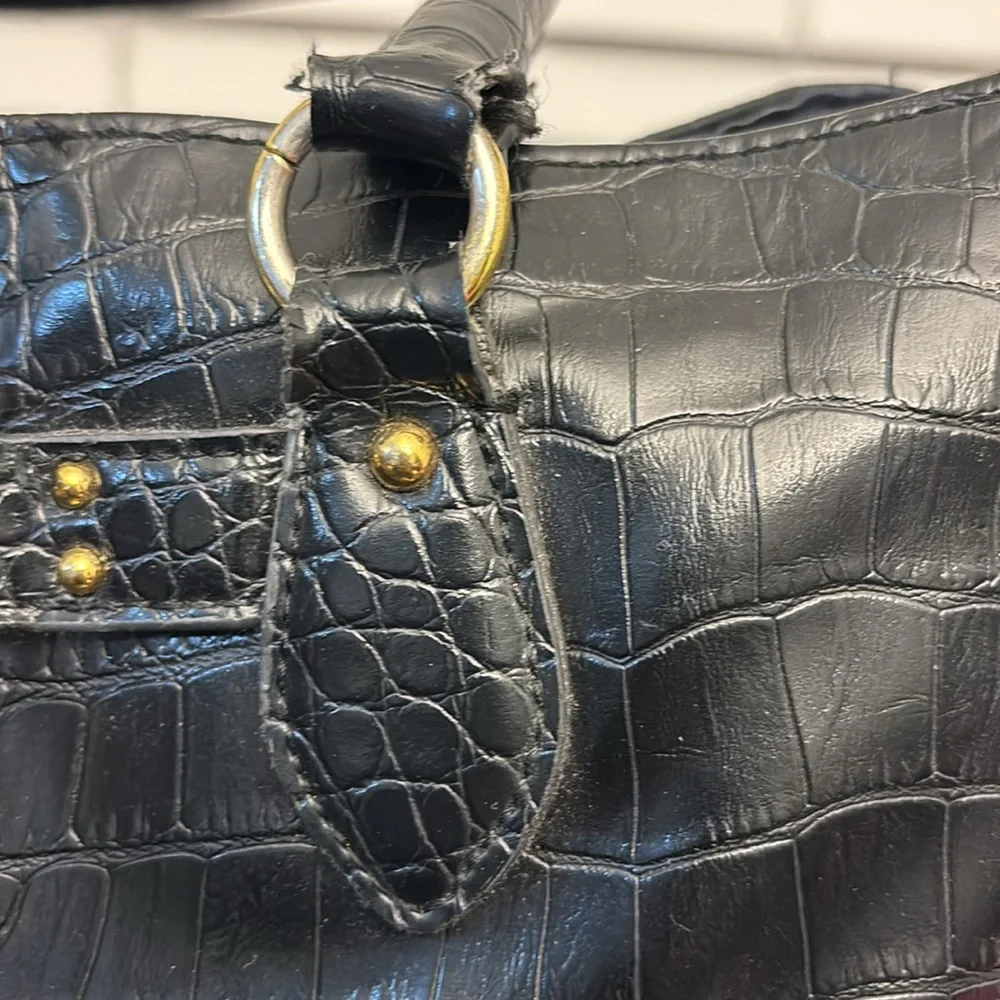 Tommy Hilfiger Black Crocodile-Embossed Open Tote Bag Gold Hardware - Picture 9 of 10